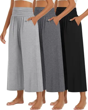 Huukeay 3 Pack Wide Leg Cropped Pants for Women, High Waist Lounge Yoga Pants Loose Casual Palazzo Capri Trouser with Pockets