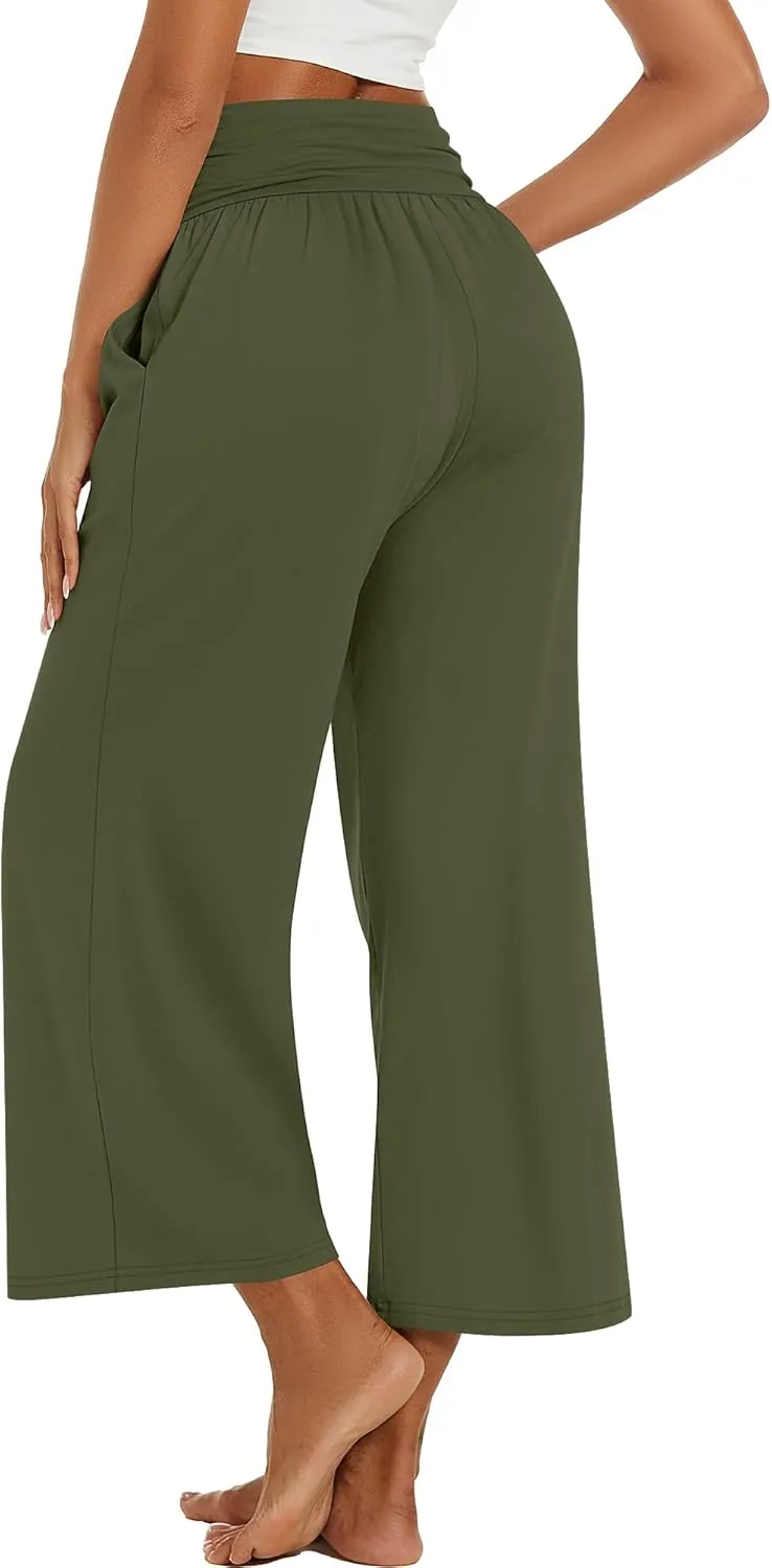 Huukeay 3 Pack Wide Leg Cropped Pants for Women, High Waist Lounge Yoga Pants Loose Casual Palazzo Capri Trouser with Pockets