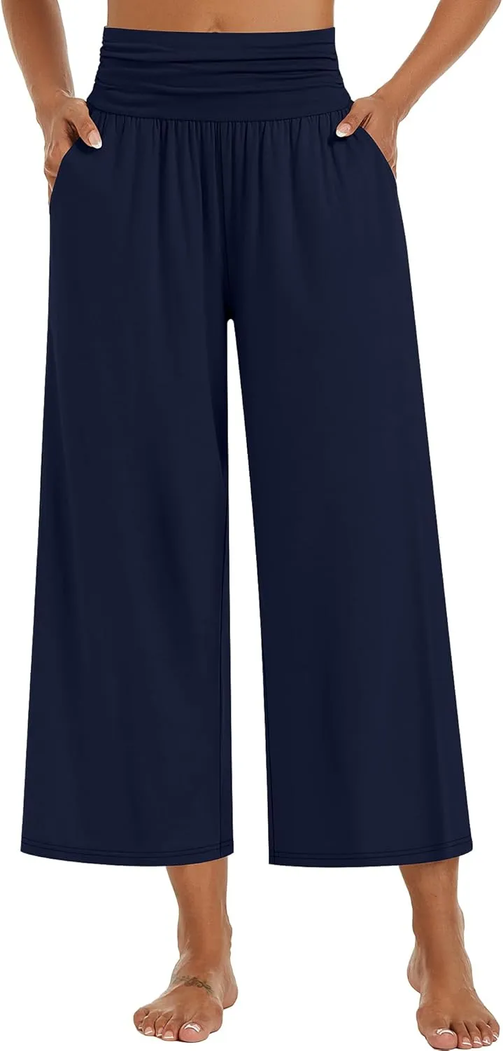 Huukeay 3 Pack Wide Leg Cropped Pants for Women, High Waist Lounge Yoga Pants Loose Casual Palazzo Capri Trouser with Pockets