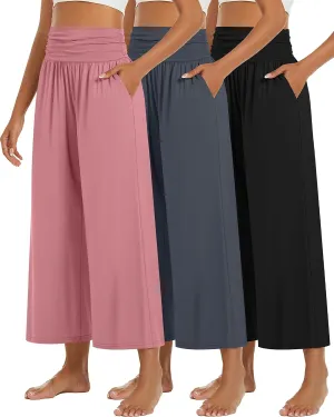 Huukeay 3 Pack Wide Leg Cropped Pants for Women, High Waist Lounge Yoga Pants Loose Casual Palazzo Capri Trouser with Pockets