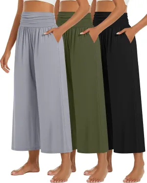 Huukeay 3 Pack Wide Leg Cropped Pants for Women, High Waist Lounge Yoga Pants Loose Casual Palazzo Capri Trouser with Pockets