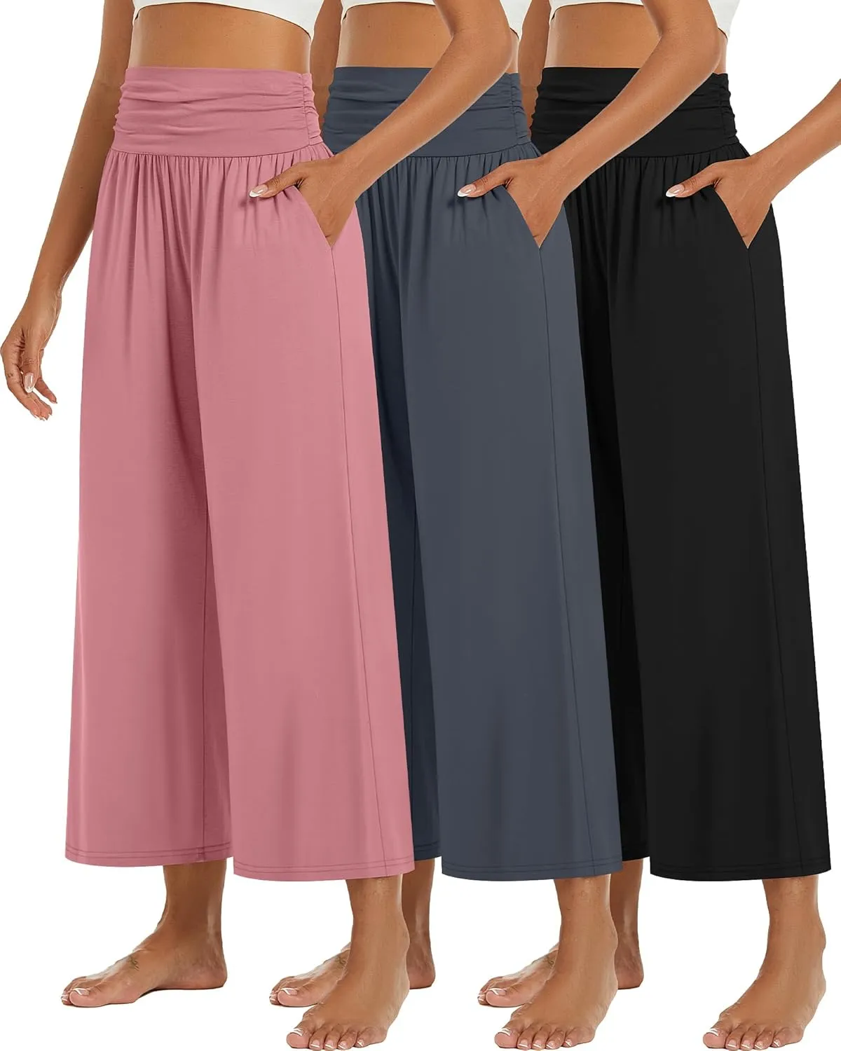 Huukeay 3 Pack Wide Leg Cropped Pants for Women, High Waist Lounge Yoga Pants Loose Casual Palazzo Capri Trouser with Pockets