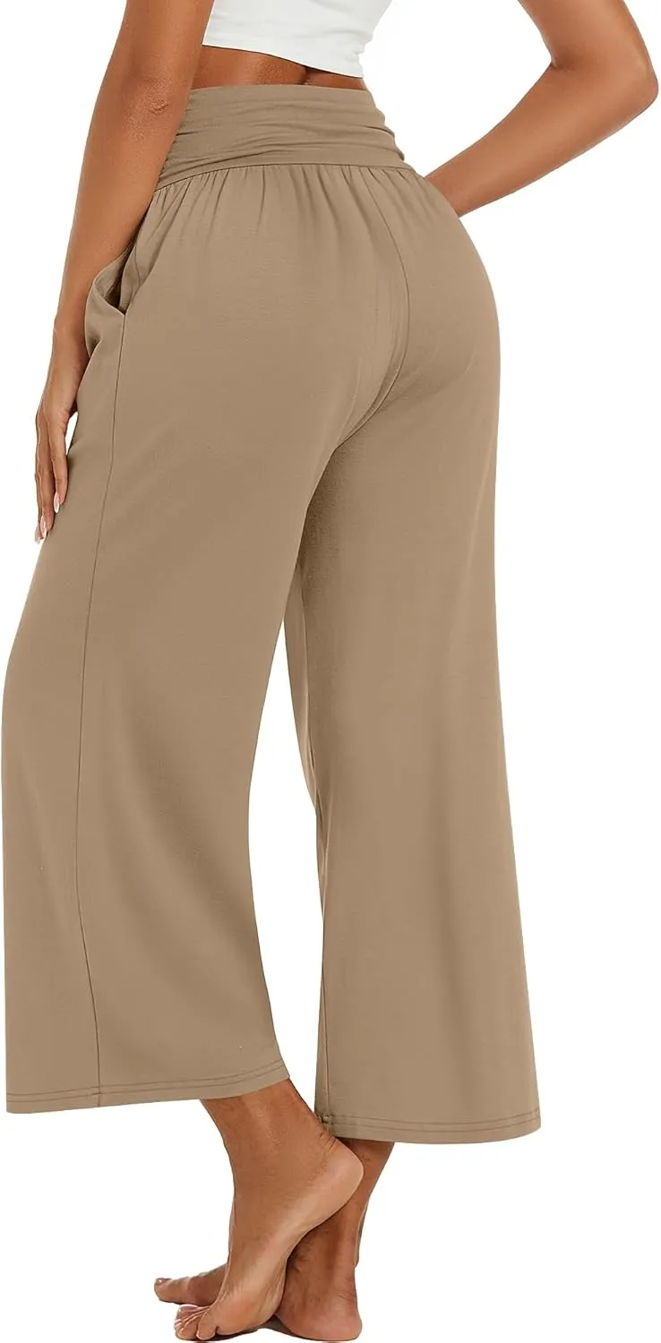 Huukeay 3 Pack Wide Leg Cropped Pants for Women, High Waist Lounge Yoga Pants Loose Casual Palazzo Capri Trouser with Pockets
