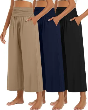 Huukeay 3 Pack Wide Leg Cropped Pants for Women, High Waist Lounge Yoga Pants Loose Casual Palazzo Capri Trouser with Pockets