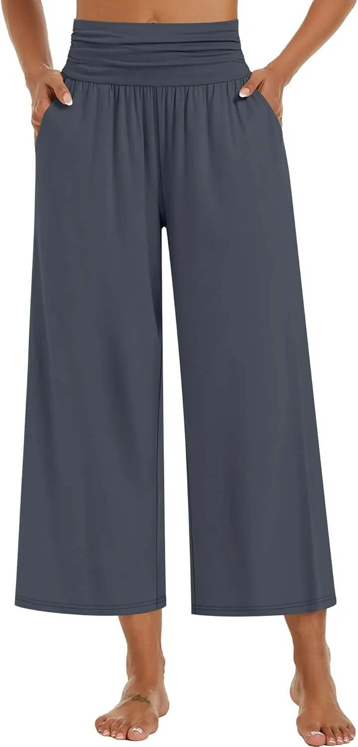 Huukeay 3 Pack Wide Leg Cropped Pants for Women, High Waist Lounge Yoga Pants Loose Casual Palazzo Capri Trouser with Pockets