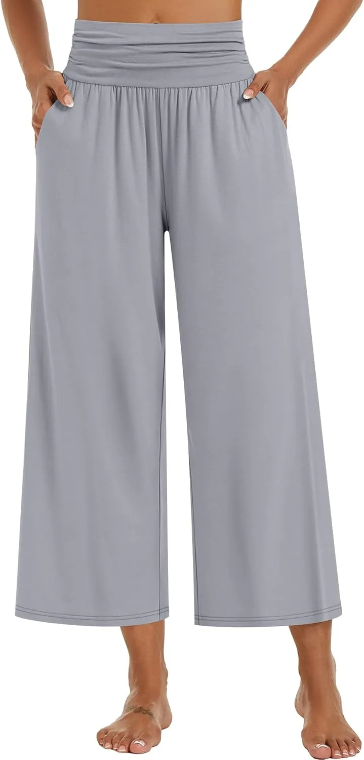 Huukeay 3 Pack Wide Leg Cropped Pants for Women, High Waist Lounge Yoga Pants Loose Casual Palazzo Capri Trouser with Pockets