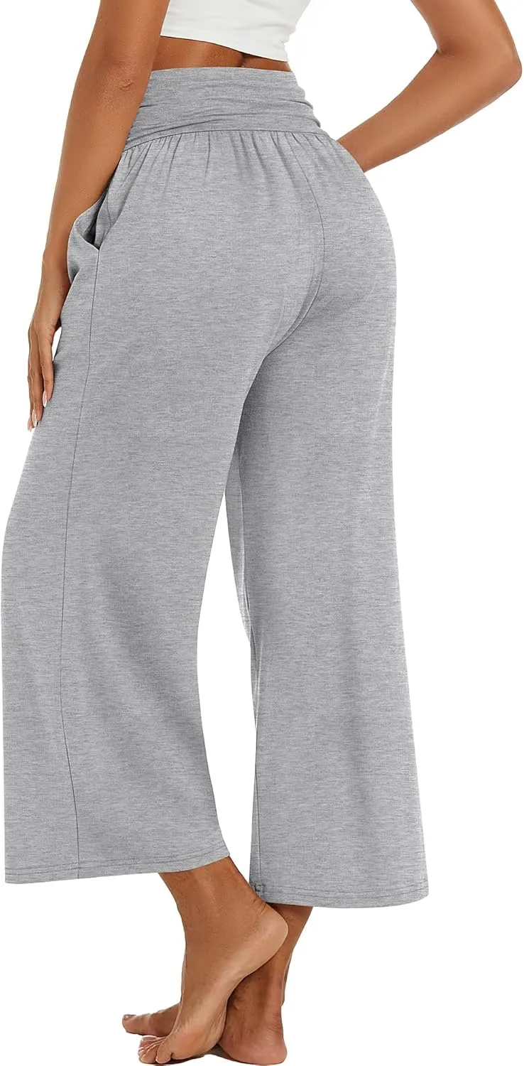 Huukeay 3 Pack Wide Leg Cropped Pants for Women, High Waist Lounge Yoga Pants Loose Casual Palazzo Capri Trouser with Pockets