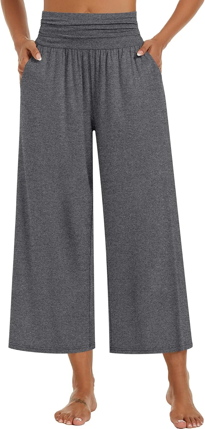 Huukeay 3 Pack Wide Leg Cropped Pants for Women, High Waist Lounge Yoga Pants Loose Casual Palazzo Capri Trouser with Pockets