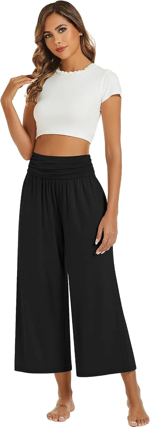 Huukeay 3 Pack Wide Leg Cropped Pants for Women, High Waist Lounge Yoga Pants Loose Casual Palazzo Capri Trouser with Pockets