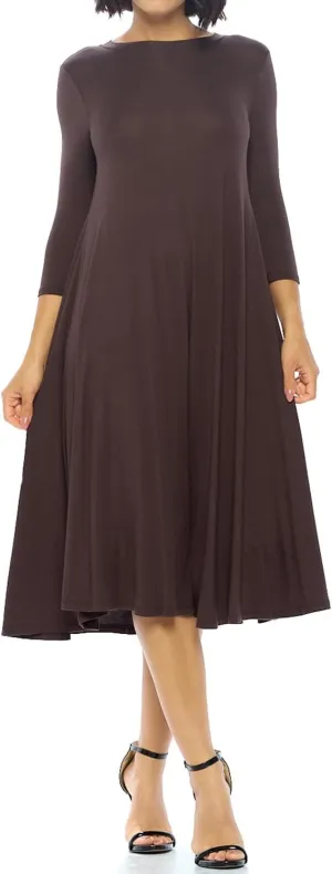 iconic luxe Women's Swing Midi Dress  3/4 Sleeve Flowy A-Line Tunic  Soft, Stretchy, Comfortable, and Versatile