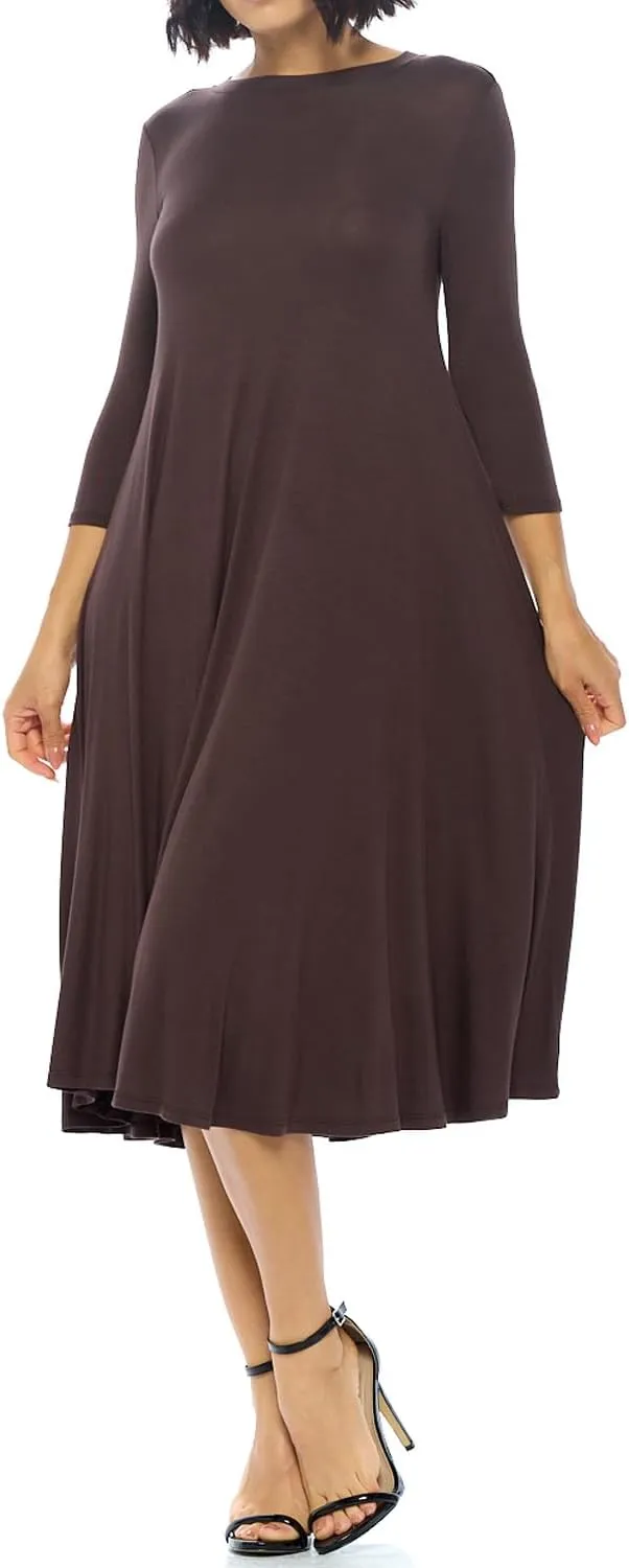 iconic luxe Women's Swing Midi Dress  3/4 Sleeve Flowy A-Line Tunic  Soft, Stretchy, Comfortable, and Versatile