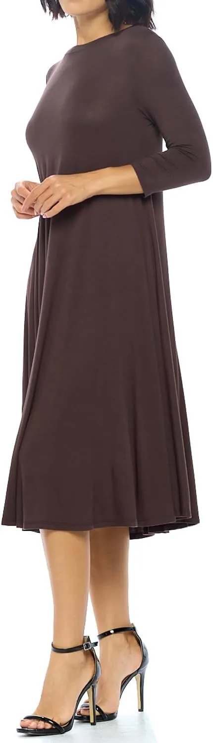 iconic luxe Women's Swing Midi Dress  3/4 Sleeve Flowy A-Line Tunic  Soft, Stretchy, Comfortable, and Versatile