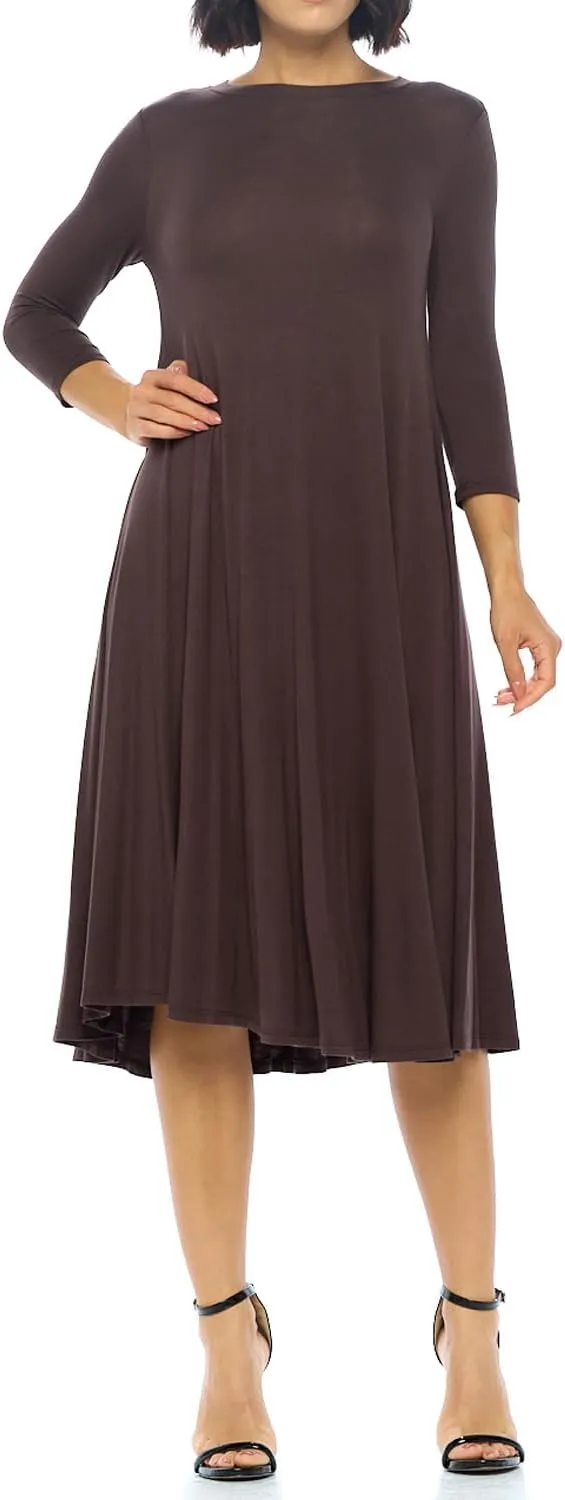 iconic luxe Women's Swing Midi Dress  3/4 Sleeve Flowy A-Line Tunic  Soft, Stretchy, Comfortable, and Versatile
