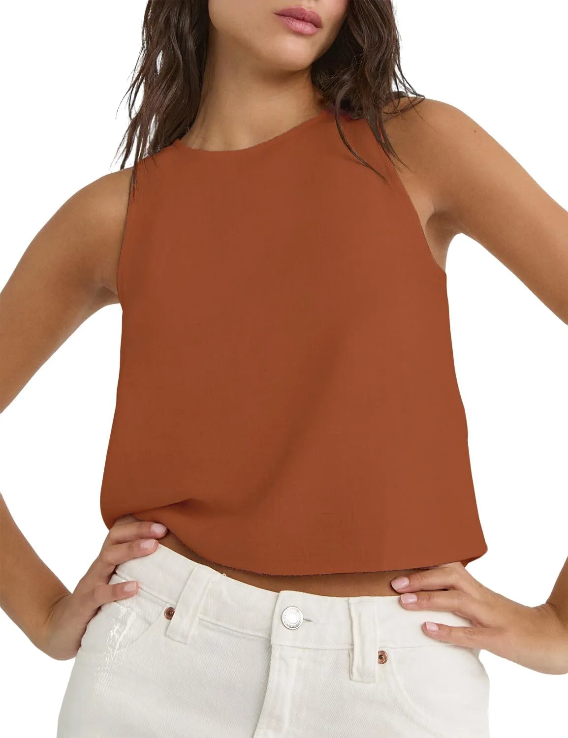 IDEALSANXUN Womens Linen Tank Tops Spring Summer Cute Crewneck Sleeveless Shirts