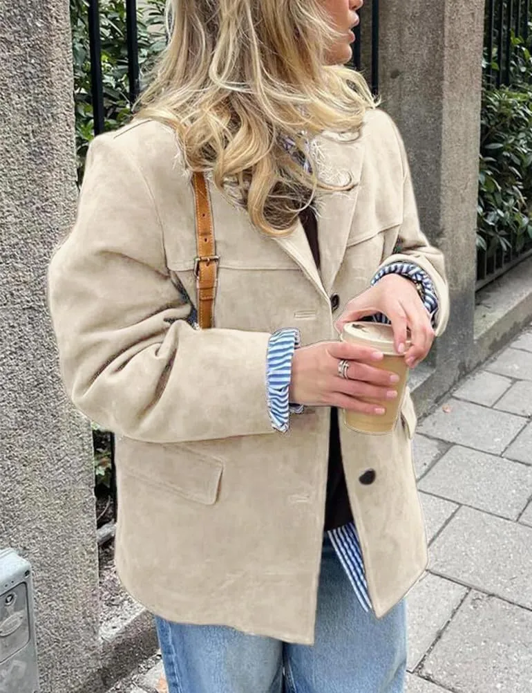 IDEALSANXUN Womens Suede Jacket Fall Winter Fashion Casual Oversized Faux Leather Blazer Jacket Trench Coat