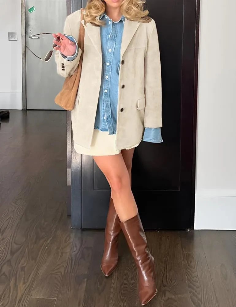 IDEALSANXUN Womens Suede Jacket Fall Winter Fashion Casual Oversized Faux Leather Blazer Jacket Trench Coat