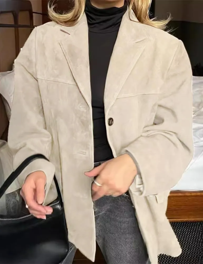 IDEALSANXUN Womens Suede Jacket Fall Winter Fashion Casual Oversized Faux Leather Blazer Jacket Trench Coat