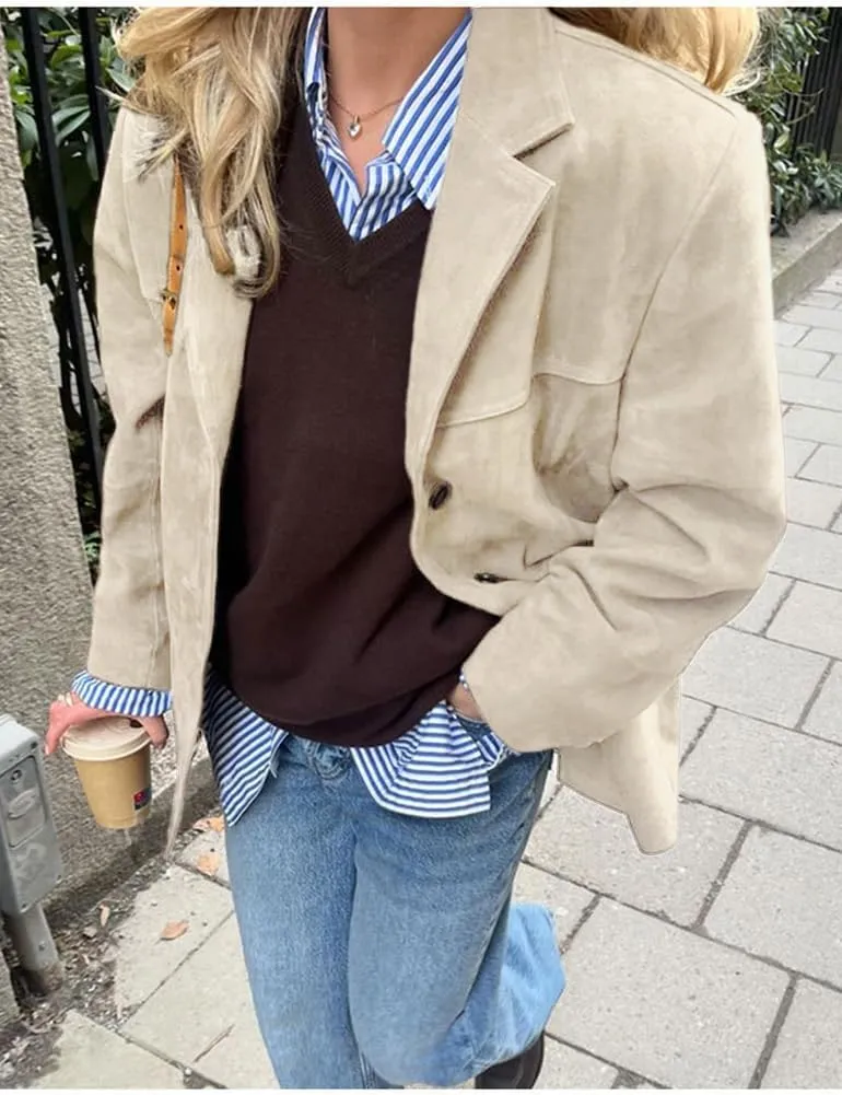 IDEALSANXUN Womens Suede Jacket Fall Winter Fashion Casual Oversized Faux Leather Blazer Jacket Trench Coat