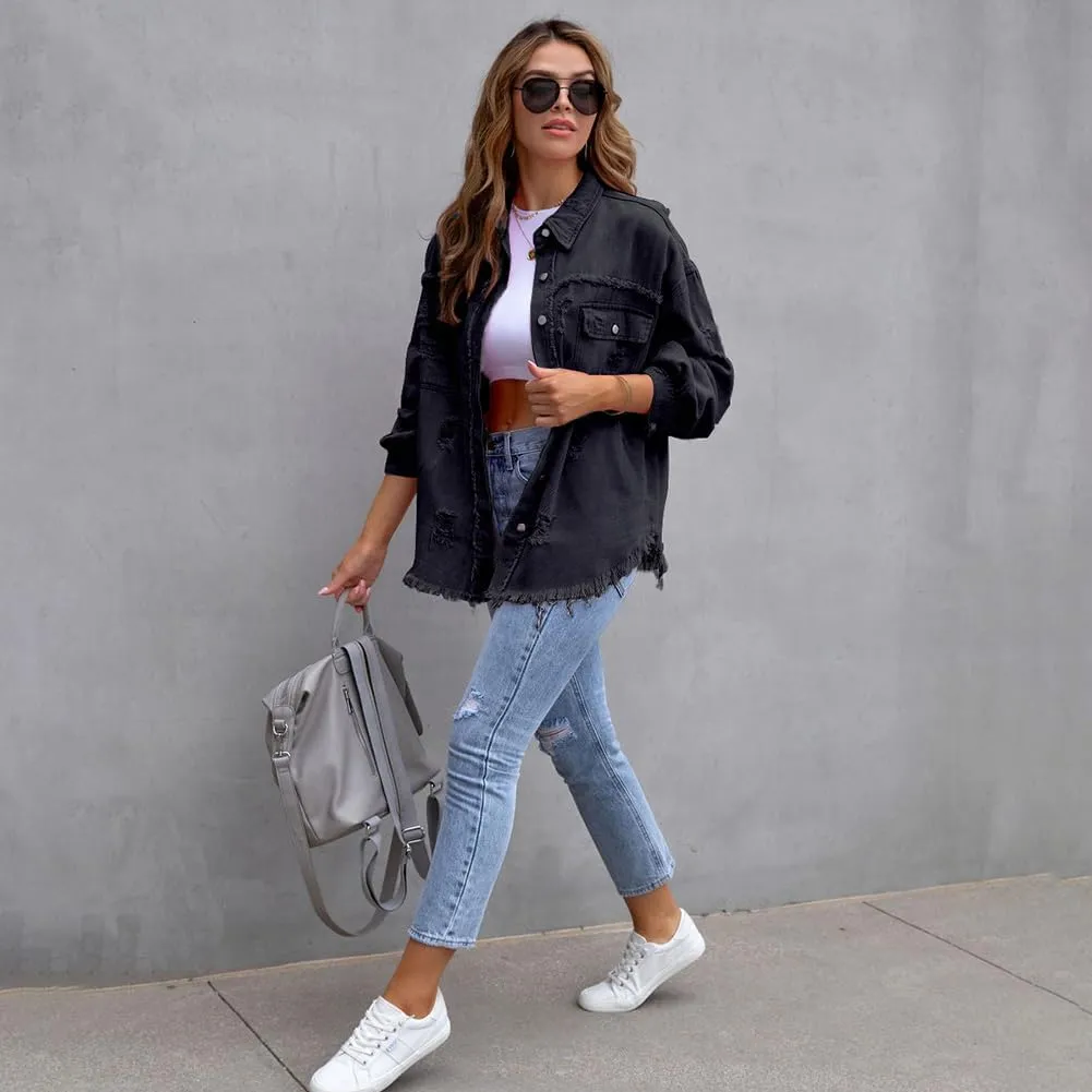 IDOPIP Denim Jacket for Women Distressed Ripped Jean Jackets Long Sleeve Casual Button Down Frayed Trucker Shacket Shirts