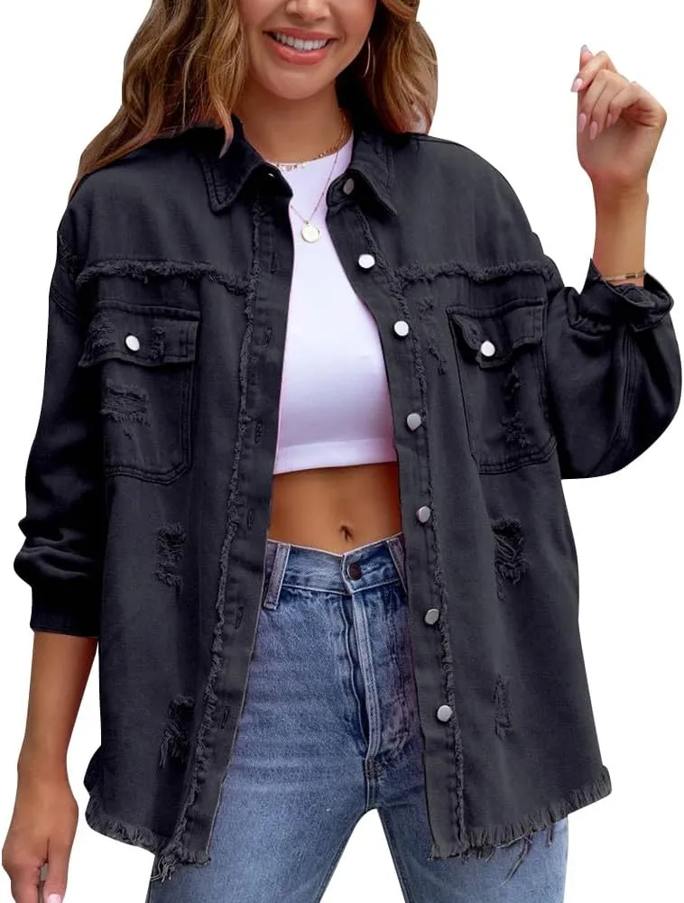 IDOPIP Denim Jacket for Women Distressed Ripped Jean Jackets Long Sleeve Casual Button Down Frayed Trucker Shacket Shirts