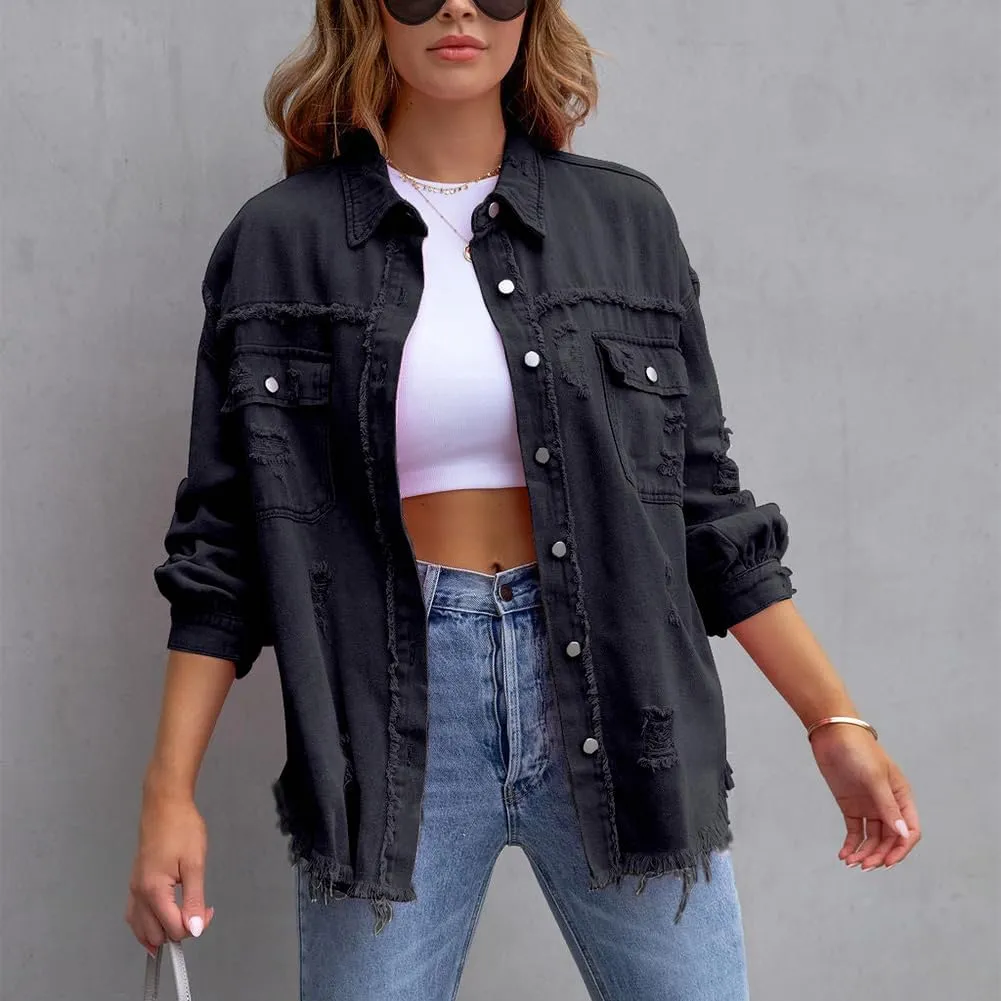 IDOPIP Denim Jacket for Women Distressed Ripped Jean Jackets Long Sleeve Casual Button Down Frayed Trucker Shacket Shirts