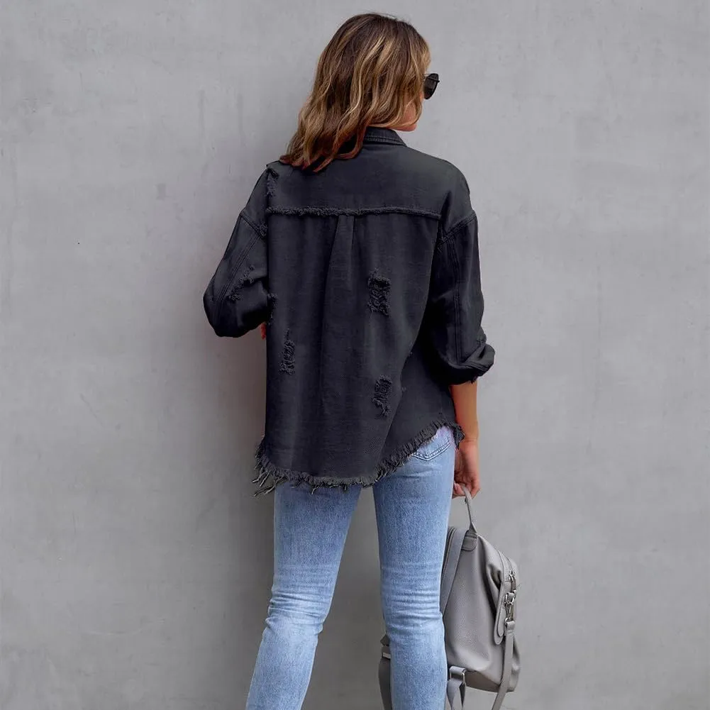 IDOPIP Denim Jacket for Women Distressed Ripped Jean Jackets Long Sleeve Casual Button Down Frayed Trucker Shacket Shirts