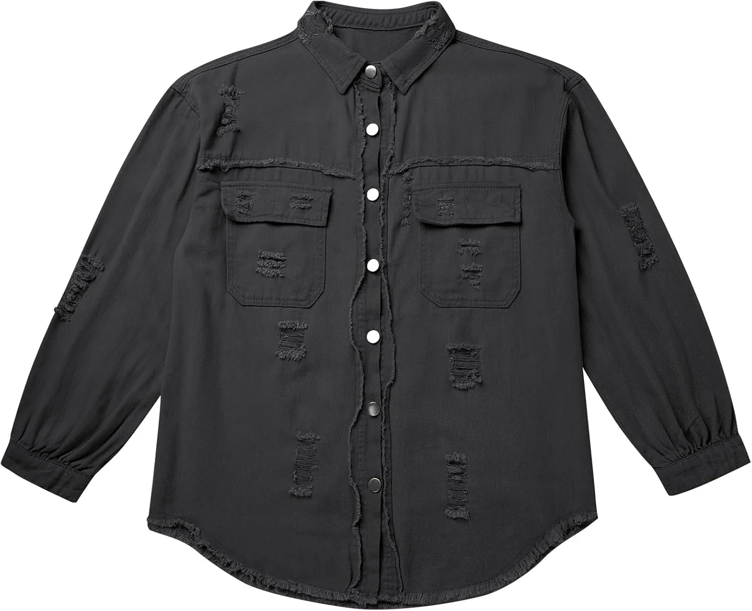 IDOPIP Denim Jacket for Women Distressed Ripped Jean Jackets Long Sleeve Casual Button Down Frayed Trucker Shacket Shirts