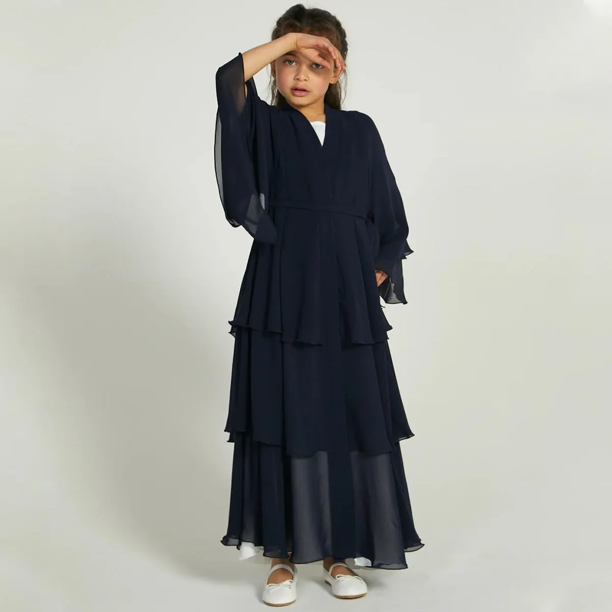 IDOPIP Muslim Girls Abayas Dress for Kids Long Sleeve Chiffon Islamic Kaftan Robe Open Front Cardigan Prayer Dress with Hijab