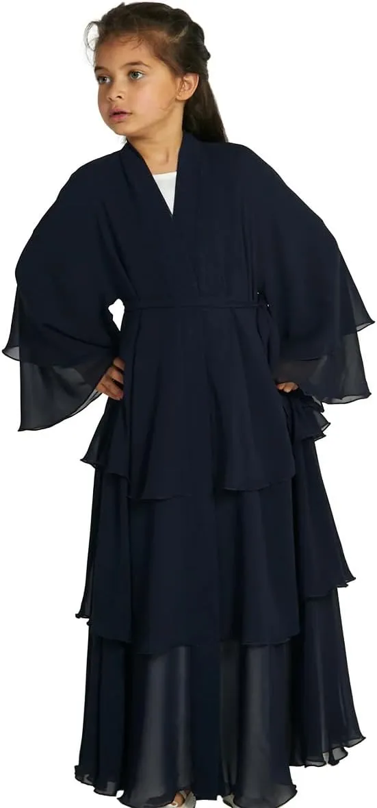 IDOPIP Muslim Girls Abayas Dress for Kids Long Sleeve Chiffon Islamic Kaftan Robe Open Front Cardigan Prayer Dress with Hijab