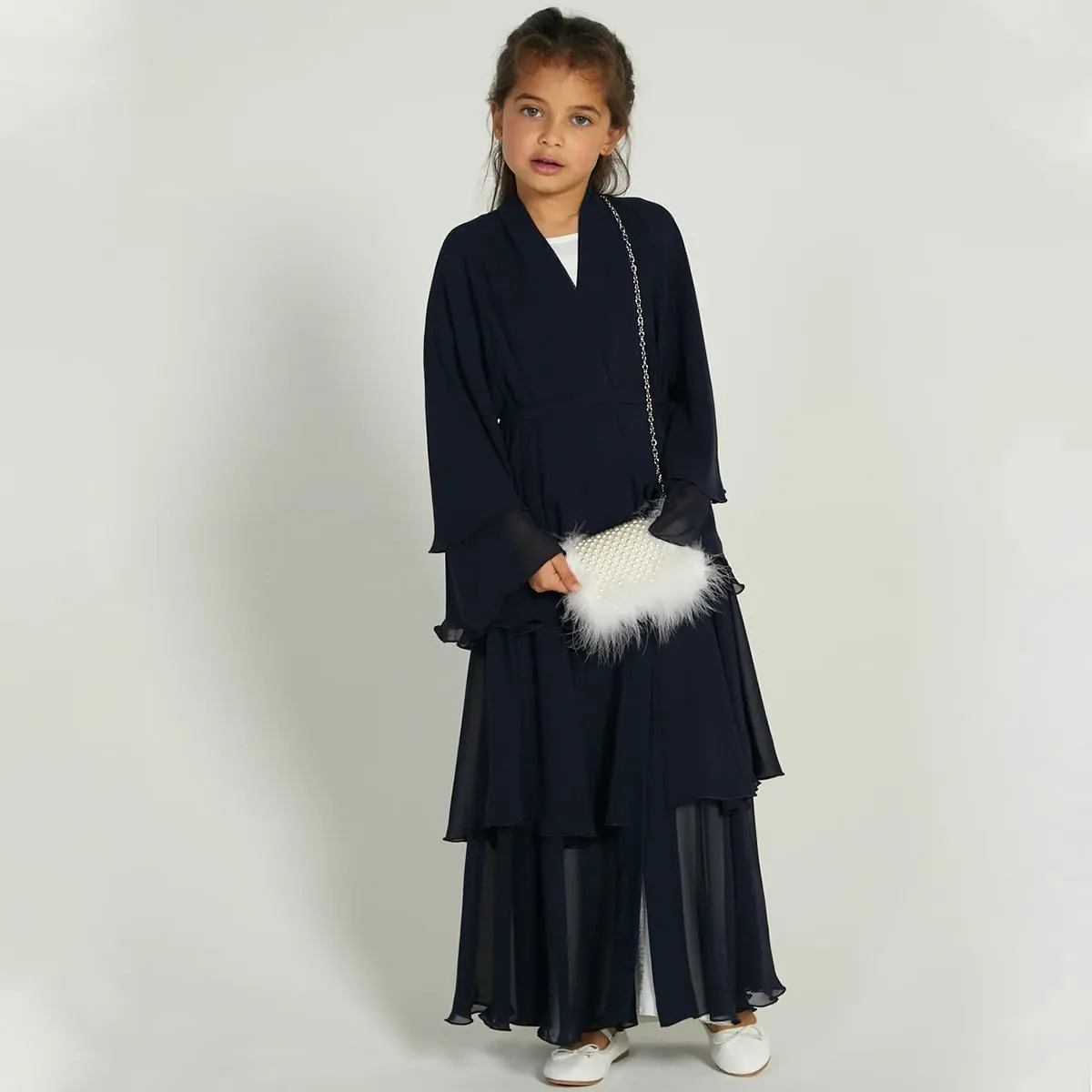 IDOPIP Muslim Girls Abayas Dress for Kids Long Sleeve Chiffon Islamic Kaftan Robe Open Front Cardigan Prayer Dress with Hijab