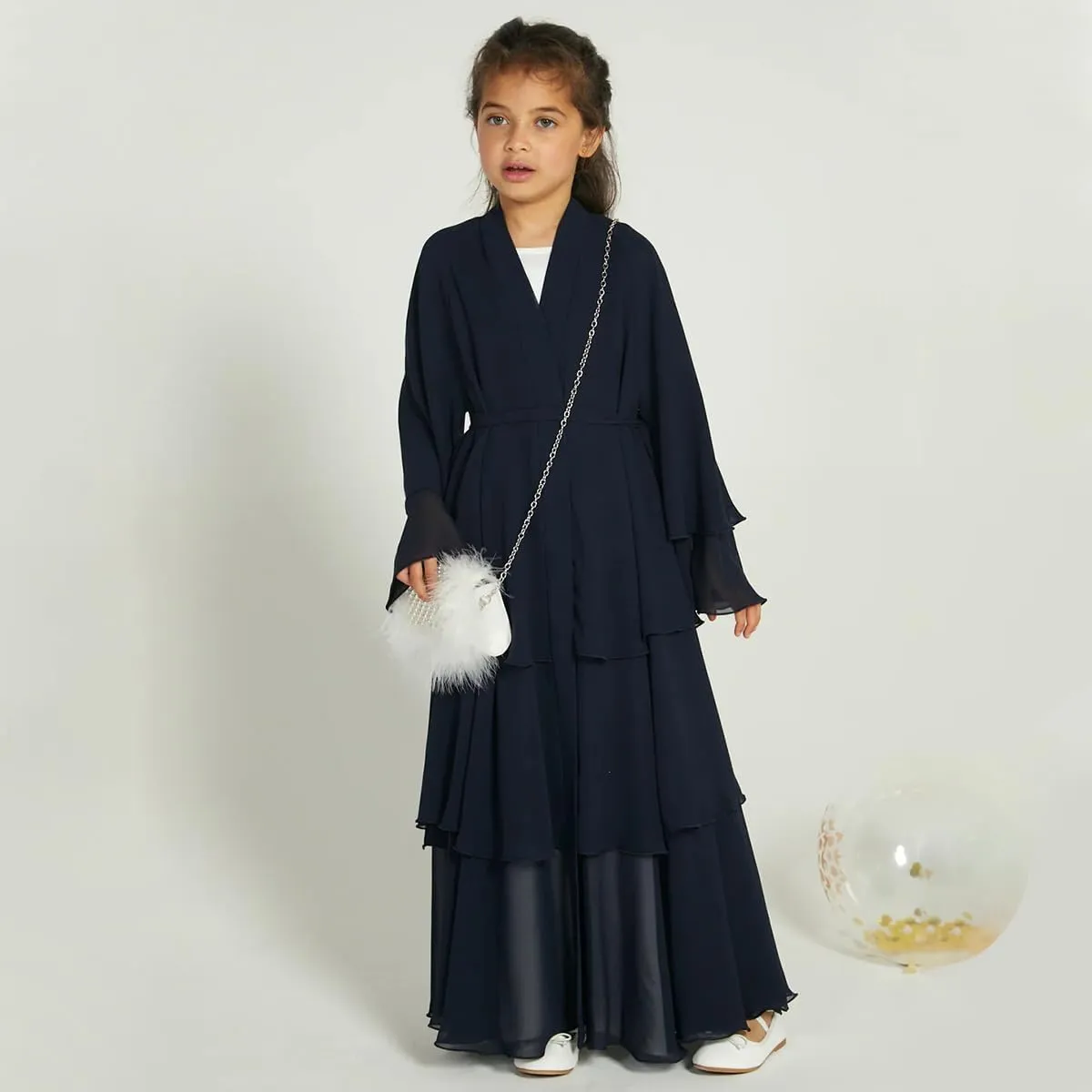 IDOPIP Muslim Girls Abayas Dress for Kids Long Sleeve Chiffon Islamic Kaftan Robe Open Front Cardigan Prayer Dress with Hijab