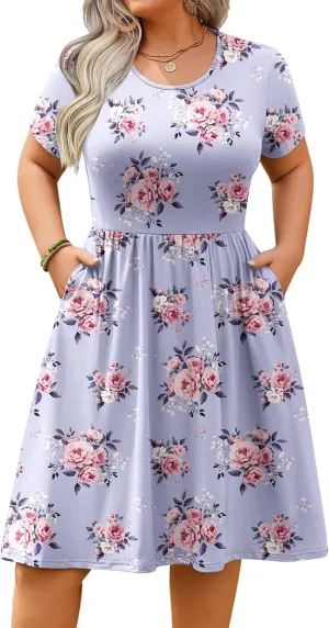 IN'VOLAND Womens Plus Size Summer Dress Short Sleeve Casual Mini Dresses Empire Waist T-Shirt Dress with Pockets