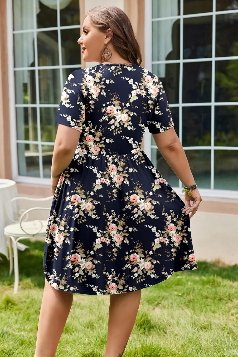 IN'VOLAND Womens Plus Size Summer Dress Short Sleeve Casual Mini Dresses Empire Waist T-Shirt Dress with Pockets