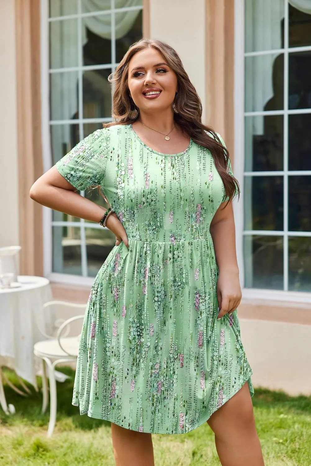 IN'VOLAND Womens Plus Size Summer Dress Short Sleeve Casual Mini Dresses Empire Waist T-Shirt Dress with Pockets
