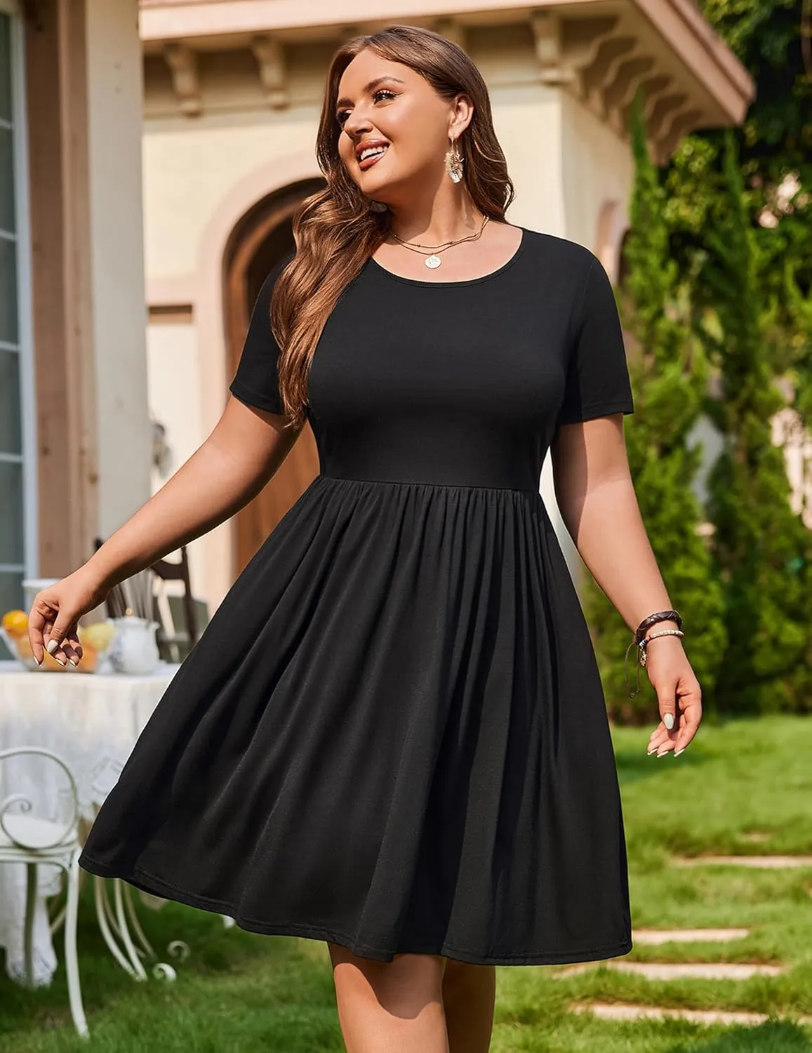 IN'VOLAND Womens Plus Size Summer Dress Short Sleeve Casual Mini Dresses Empire Waist T-Shirt Dress with Pockets
