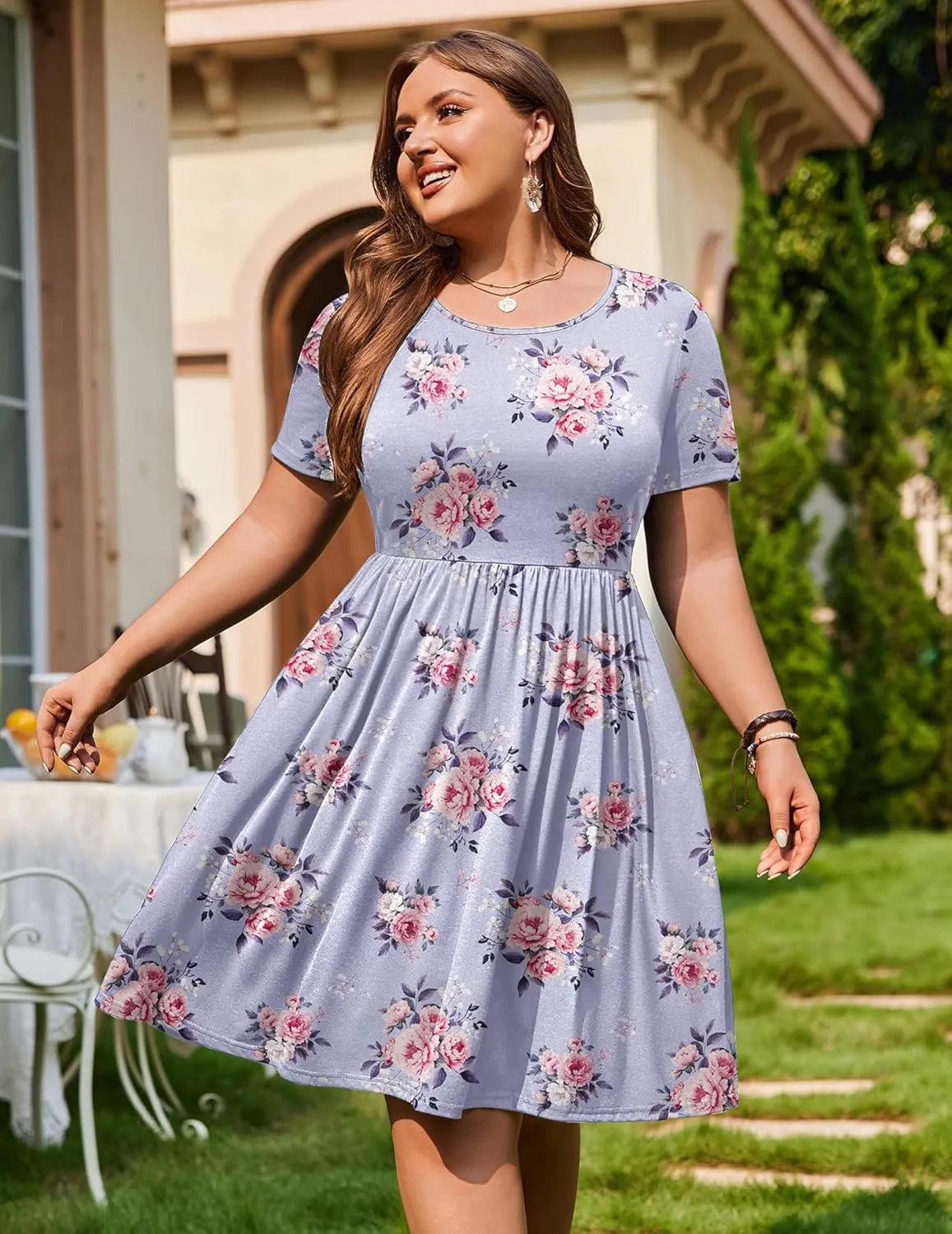 IN'VOLAND Womens Plus Size Summer Dress Short Sleeve Casual Mini Dresses Empire Waist T-Shirt Dress with Pockets
