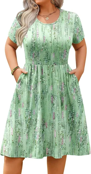 IN'VOLAND Womens Plus Size Summer Dress Short Sleeve Casual Mini Dresses Empire Waist T-Shirt Dress with Pockets