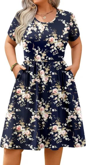 IN'VOLAND Womens Plus Size Summer Dress Short Sleeve Casual Mini Dresses Empire Waist T-Shirt Dress with Pockets