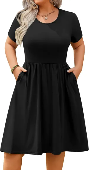 IN'VOLAND Womens Plus Size Summer Dress Short Sleeve Casual Mini Dresses Empire Waist T-Shirt Dress with Pockets