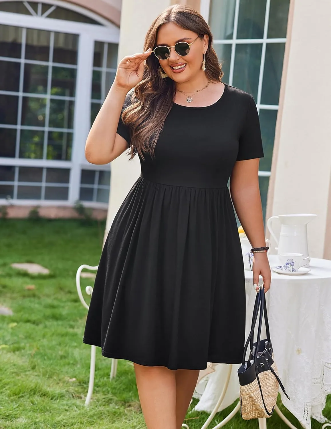 IN'VOLAND Womens Plus Size Summer Dress Short Sleeve Casual Mini Dresses Empire Waist T-Shirt Dress with Pockets