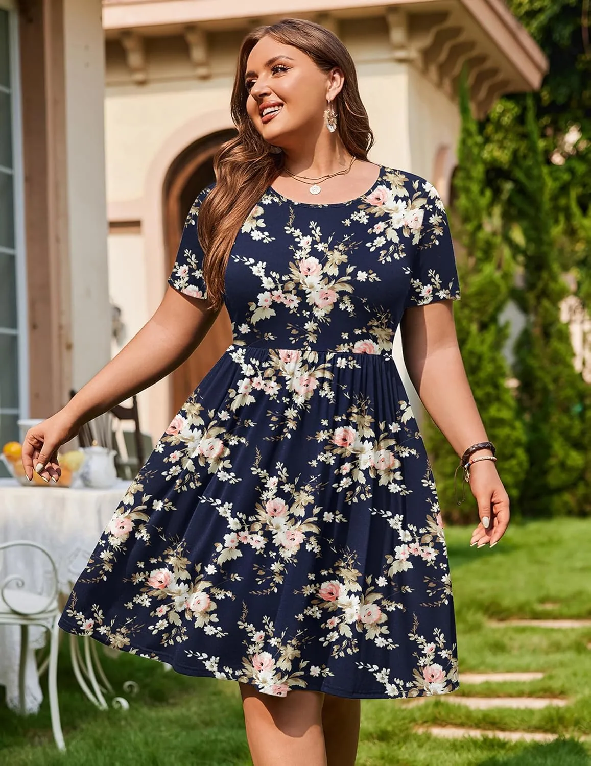 IN'VOLAND Womens Plus Size Summer Dress Short Sleeve Casual Mini Dresses Empire Waist T-Shirt Dress with Pockets