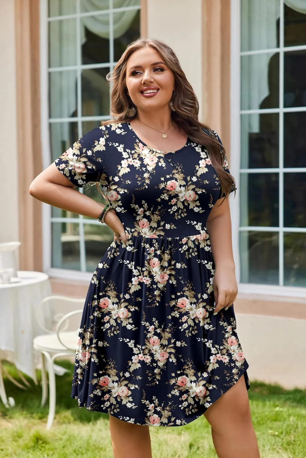 IN'VOLAND Womens Plus Size Summer Dress Short Sleeve Casual Mini Dresses Empire Waist T-Shirt Dress with Pockets