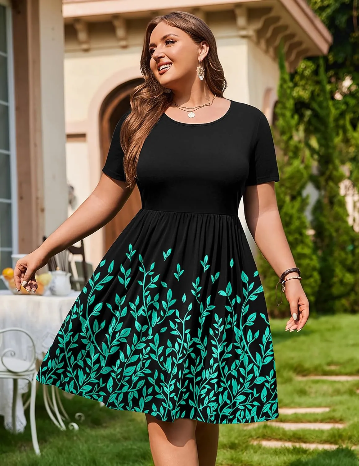 IN'VOLAND Womens Plus Size Summer Dress Short Sleeve Casual Mini Dresses Empire Waist T-Shirt Dress with Pockets