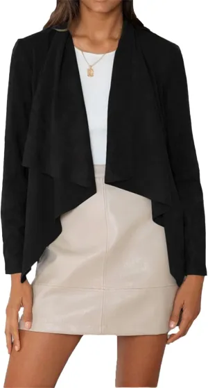 IVERIRMIN Women's Suede Draped Open Front Jacket Lapel Lightweight Faux Leather Biker Coats Fall Cropped Motorcycle Outwear
