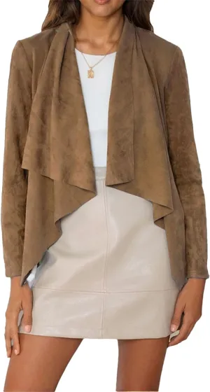 IVERIRMIN Women's Suede Draped Open Front Jacket Lapel Lightweight Faux Leather Biker Coats Fall Cropped Motorcycle Outwear