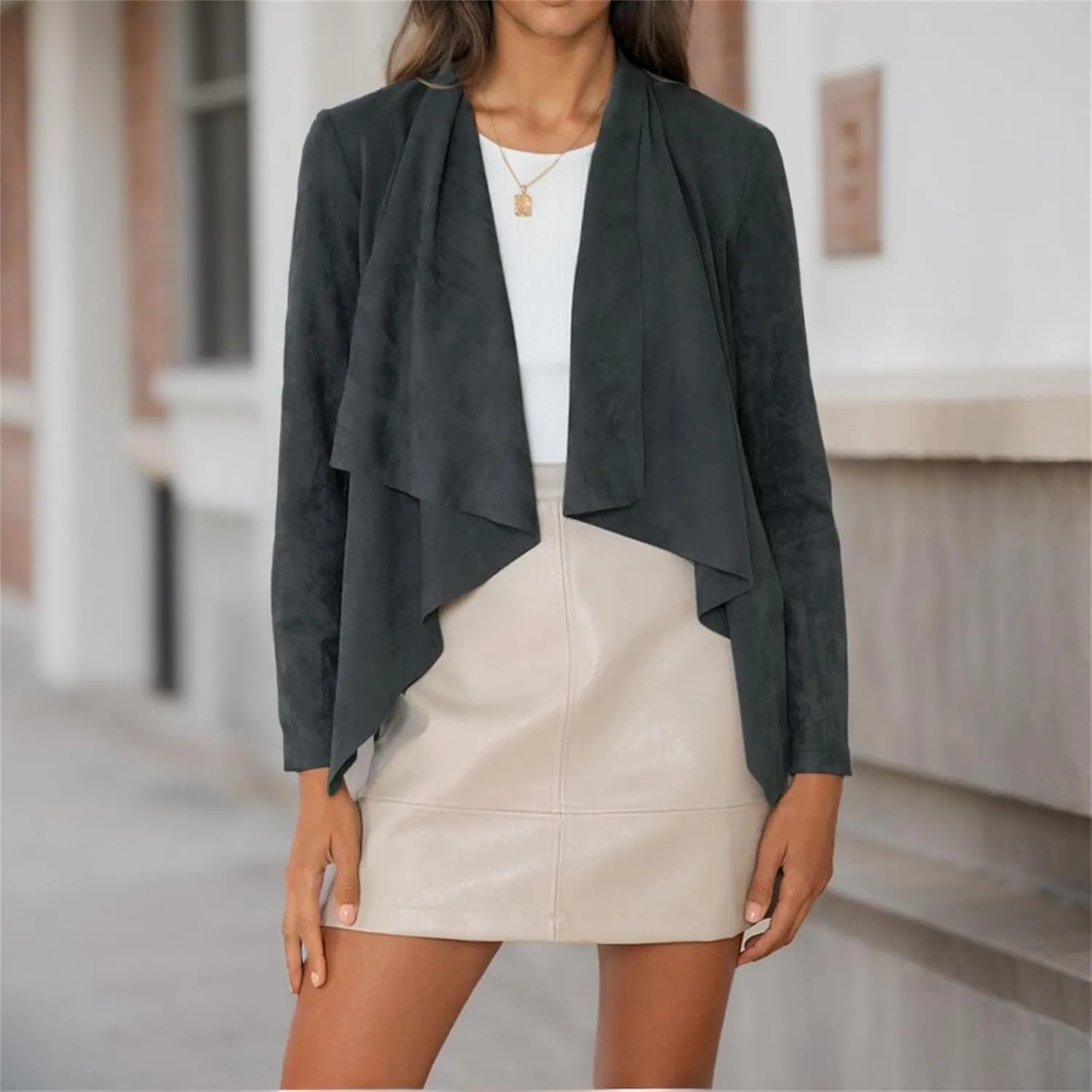 IVERIRMIN Women's Suede Draped Open Front Jacket Lapel Lightweight Faux Leather Biker Coats Fall Cropped Motorcycle Outwear