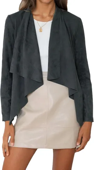 IVERIRMIN Women's Suede Draped Open Front Jacket Lapel Lightweight Faux Leather Biker Coats Fall Cropped Motorcycle Outwear