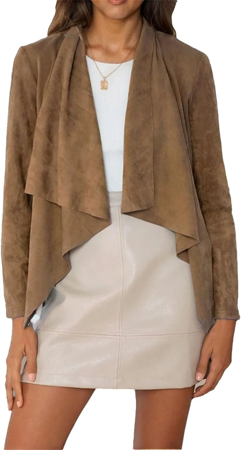 IVERIRMIN Women's Suede Draped Open Front Jacket Lapel Lightweight Faux Leather Biker Coats Fall Cropped Motorcycle Outwear