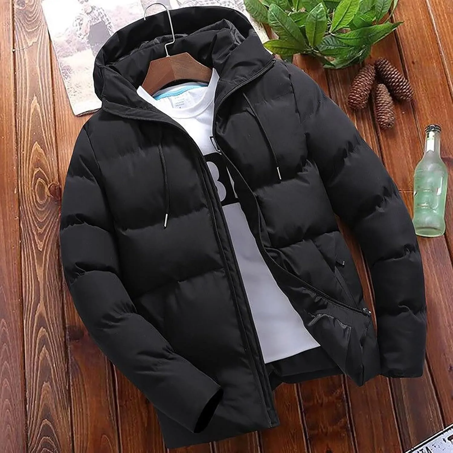 Jackets for Men,Men's Fashion Business Solid Color Warm Fleece Hooded Outdoor Full Zipper Casual Jacket Coats