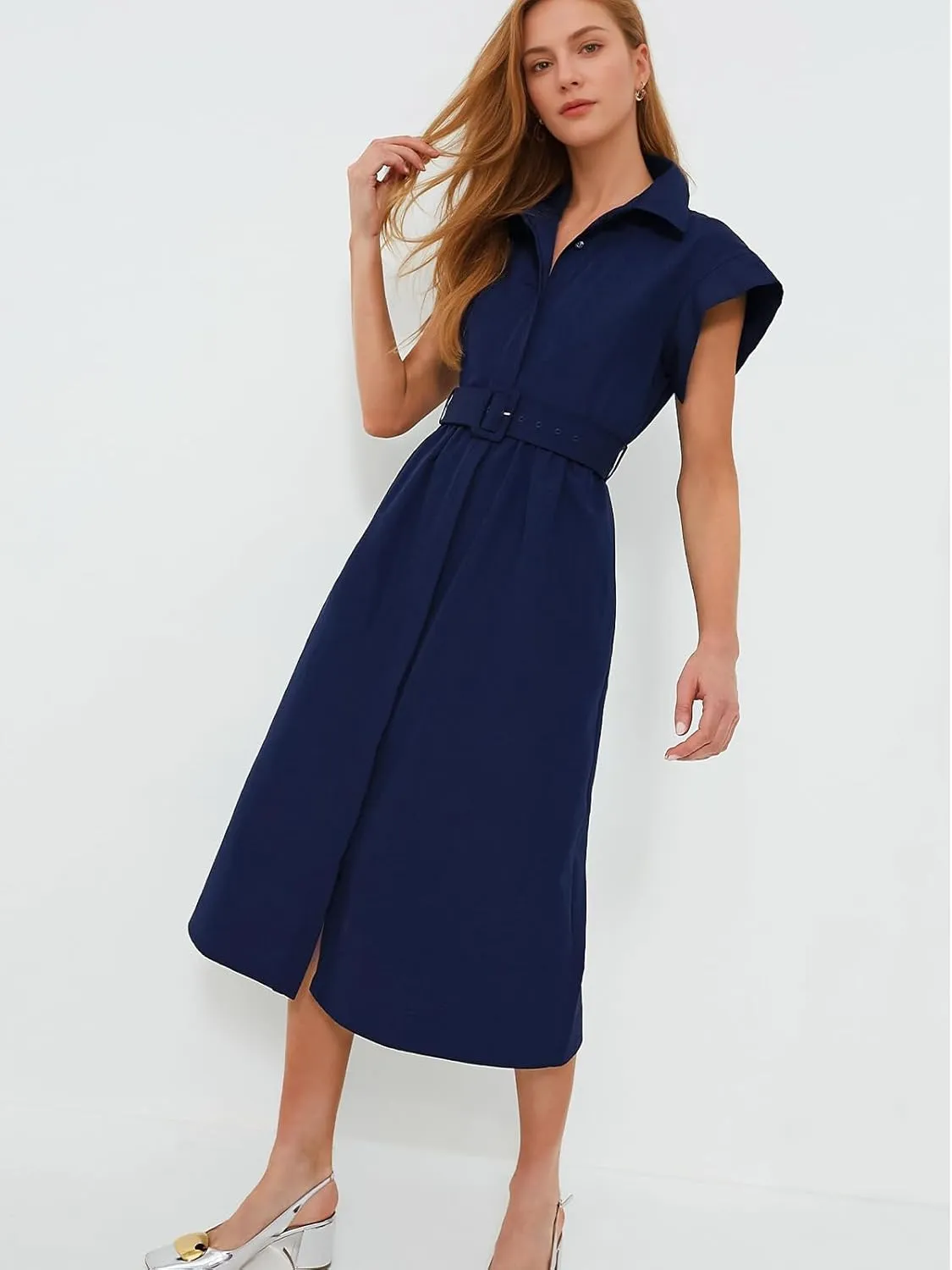 Jenkoon Women's Turn Down Collar Shirt Dress with Belt Short Sleeve Shell Trench Coat Formal Dresses